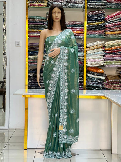 Elegant Sea Green Georgette Saree with Shine Coating & White Thread Embroidery