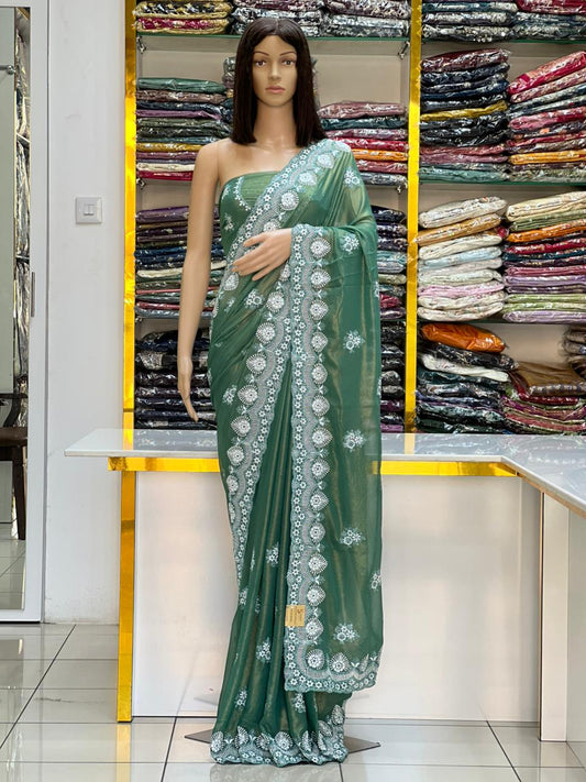 Elegant Sea Green Georgette Saree with Shine Coating & White Thread Embroidery