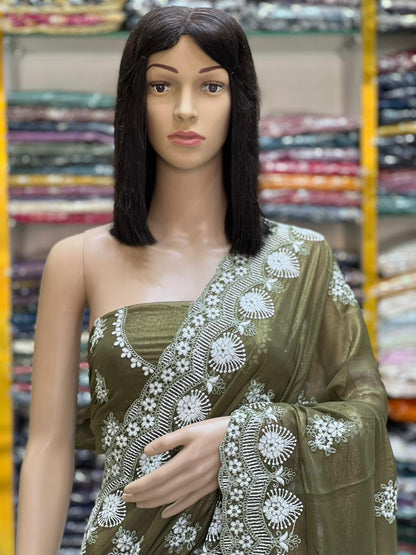Premium Olive Green Georgette Saree with Shine Coating & White Embroidery Work