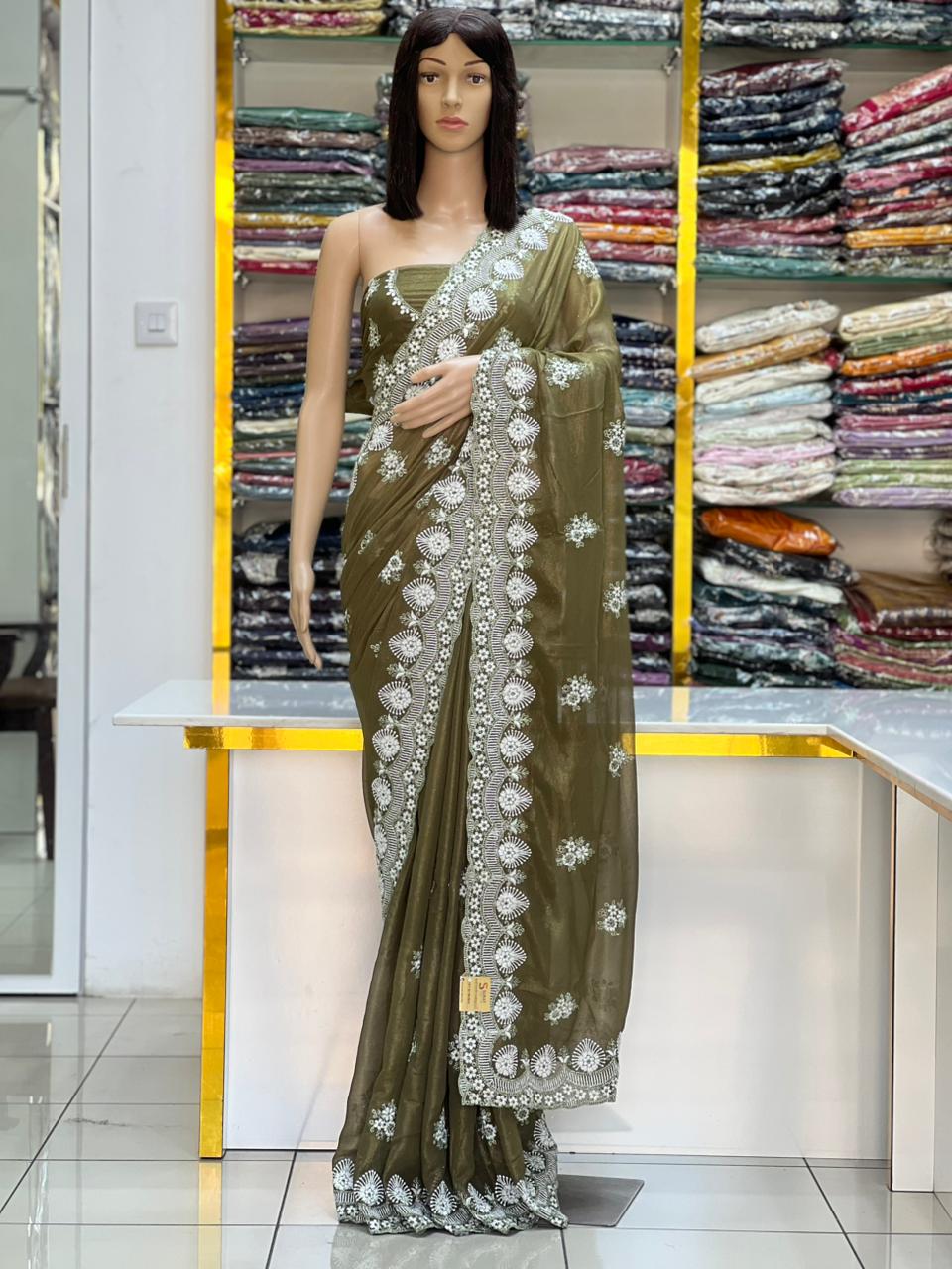 Premium Olive Green Georgette Saree with Shine Coating & White Embroidery Work