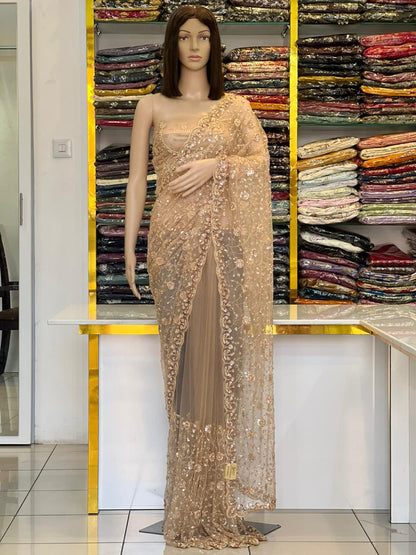Premium Champagne Net Saree with Real Beads & Sequin Embroidery
