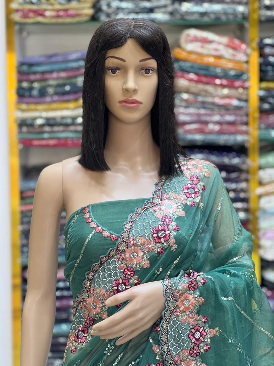 Sea Green Designer Floral Embroidered Saree with Sequin Work | Wedding & Festive Wear