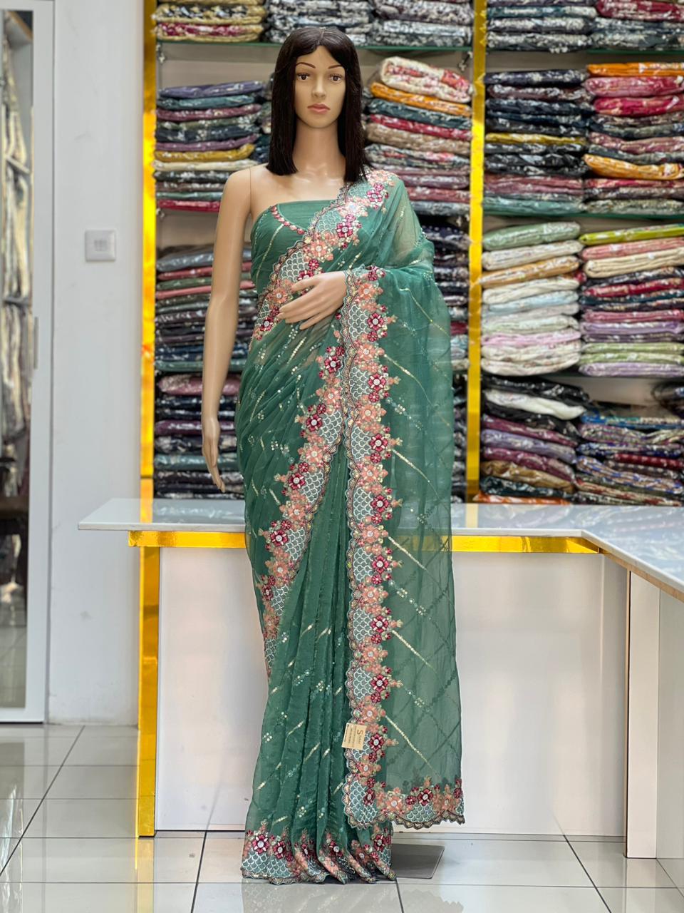Sea Green Designer Floral Embroidered Saree with Sequin Work | Wedding & Festive Wear