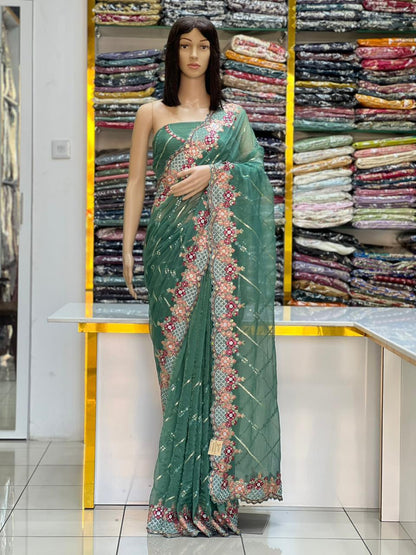Sea Green Designer Floral Embroidered Saree with Sequin Work | Wedding & Festive Wear