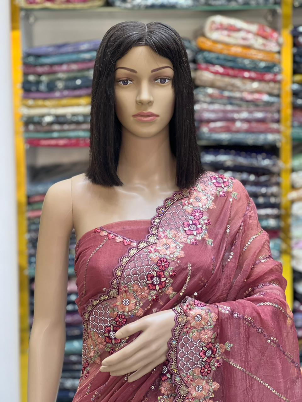 Dusty Rose Pink Designer Floral Embroidered Saree with Sequin Work | Wedding & Festive Wear