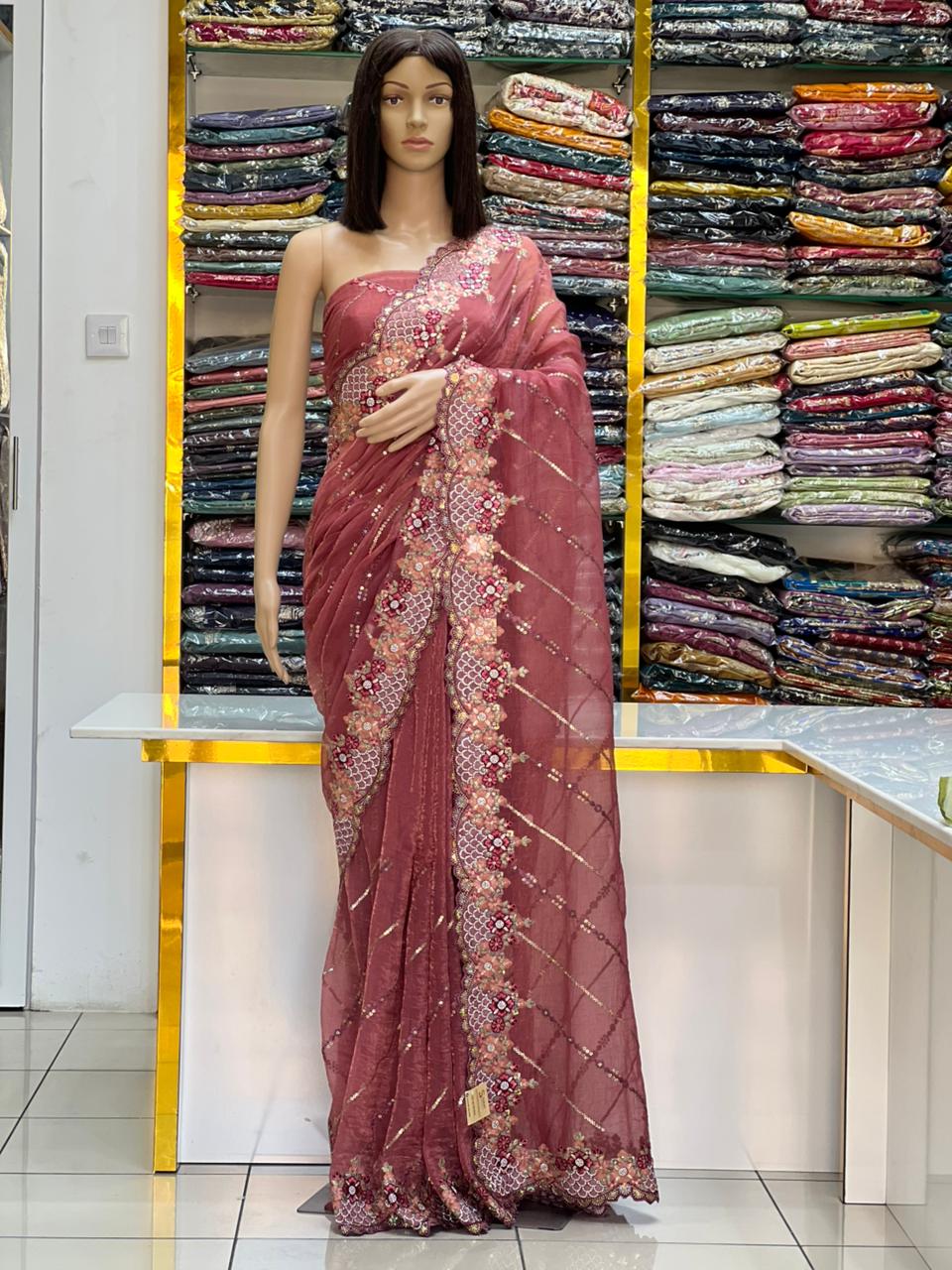 Dusty Rose Pink Designer Floral Embroidered Saree with Sequin Work | Wedding & Festive Wear