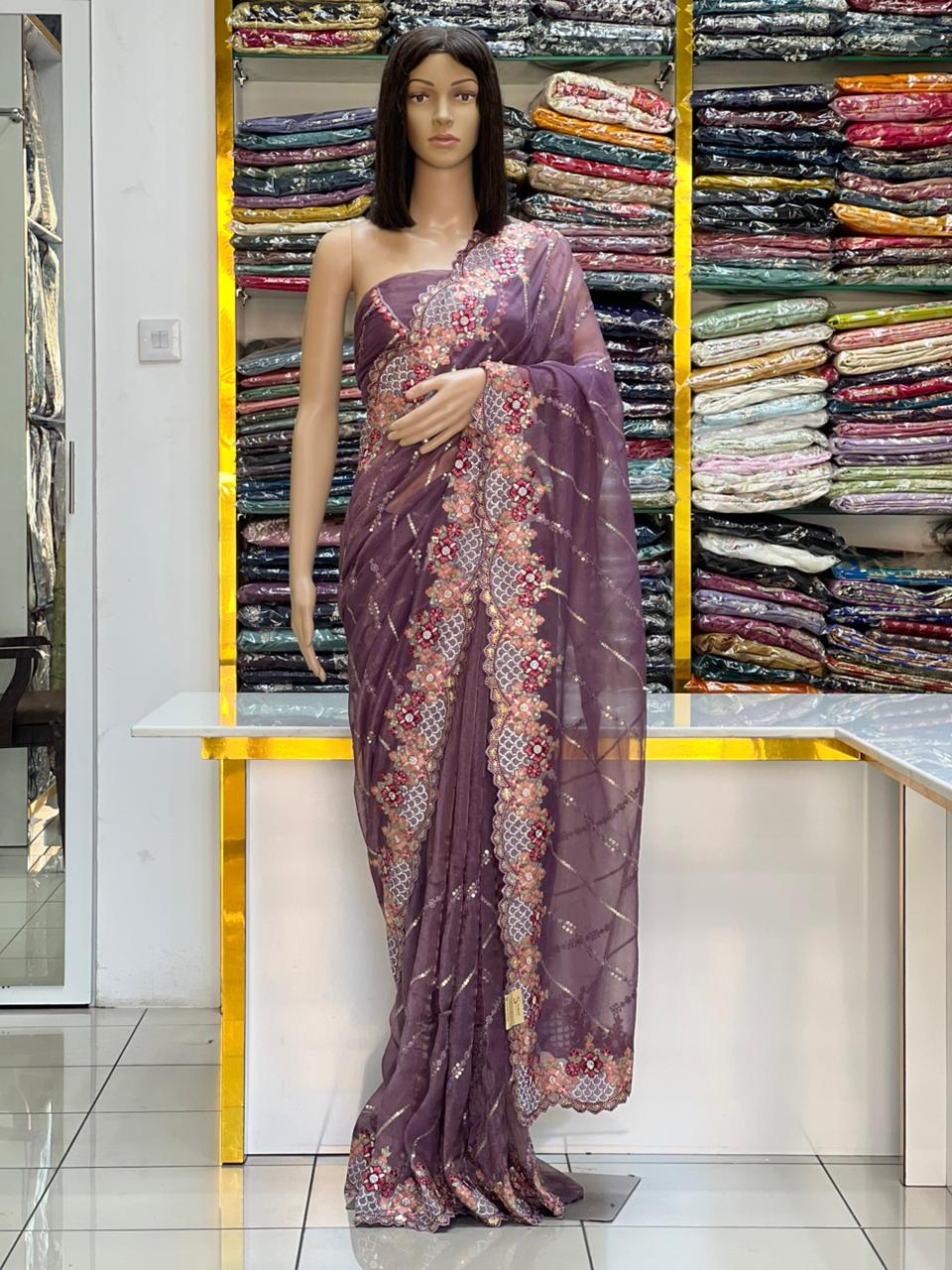 Purple Designer Floral Embroidered Saree with Sequin Work | Wedding & Festive Wear