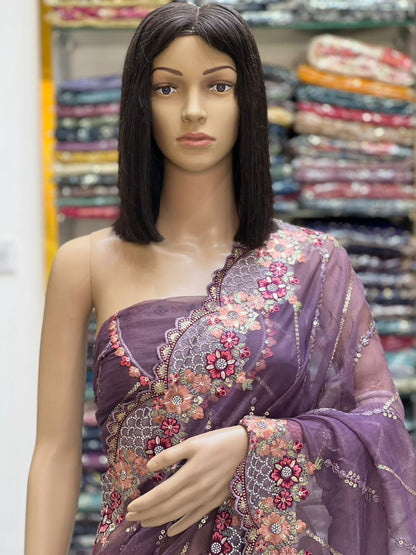 Purple Designer Floral Embroidered Saree with Sequin Work | Wedding & Festive Wear