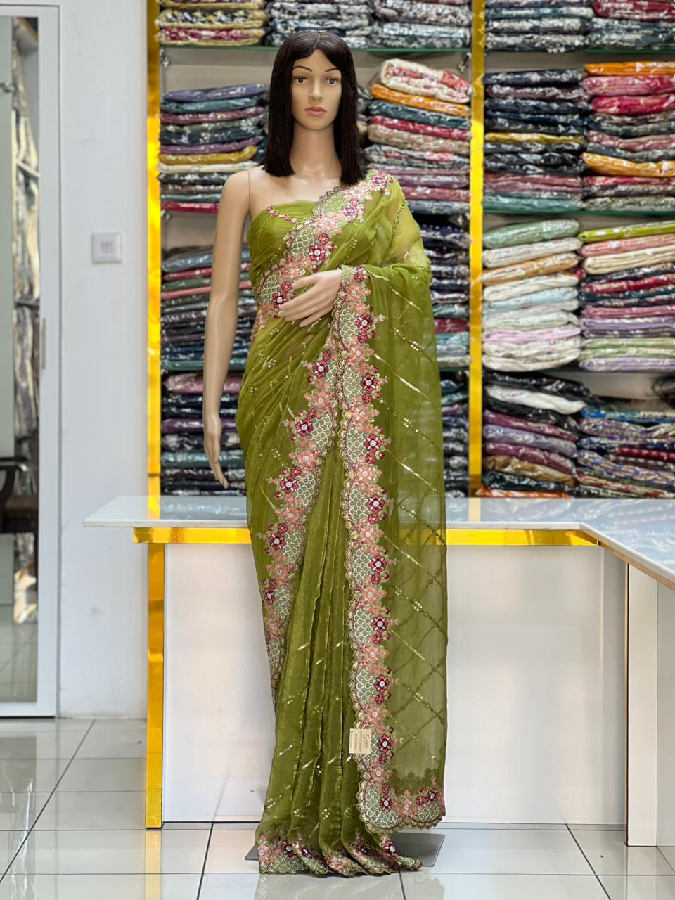 Olive Green Georgette Saree with Multicolor Floral Thread Embroidery & Sequin Work