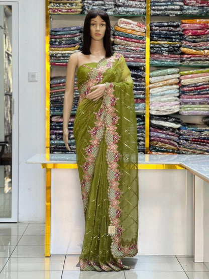 Olive Green Georgette Saree with Multicolor Floral Thread Embroidery & Sequin Work