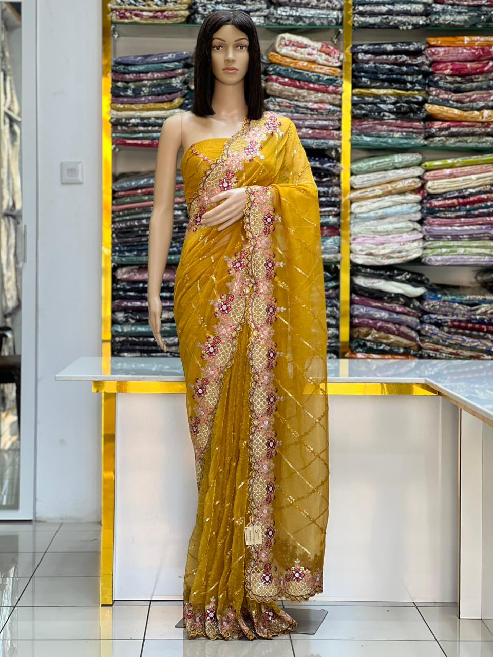 Mustard Yellow Georgette Saree with Multicolor Floral Thread Embroidery & Sequin Work
