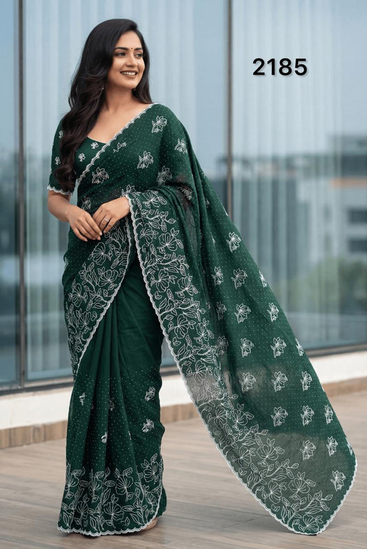 Elegant Dark Green Chinon Saree with White Thread Embroidery & Cutwork Border