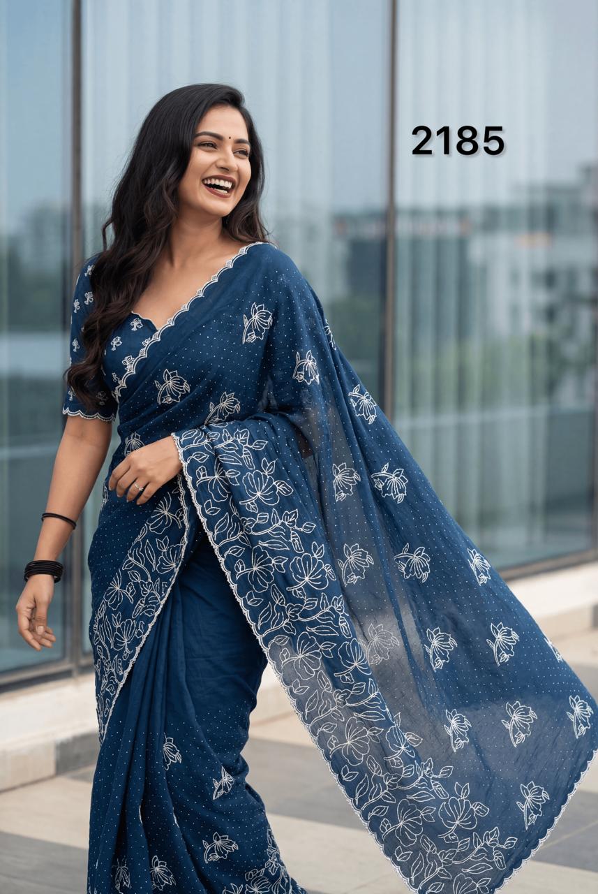 Elegant Navy Blue Chinon Embroidery Saree with Designer Cutwork Border