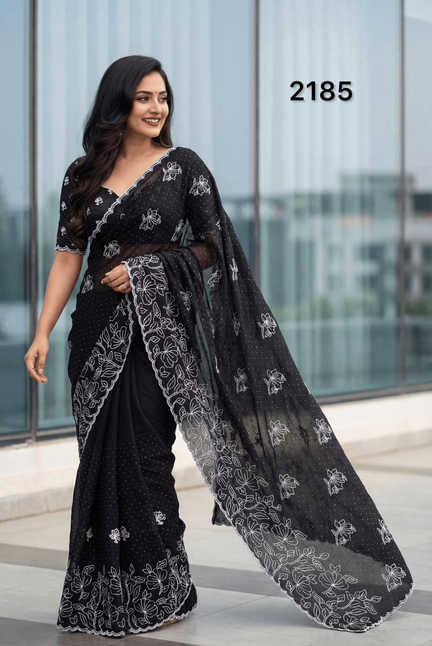 Elegant Black Chinon Saree with White Embroidery Work