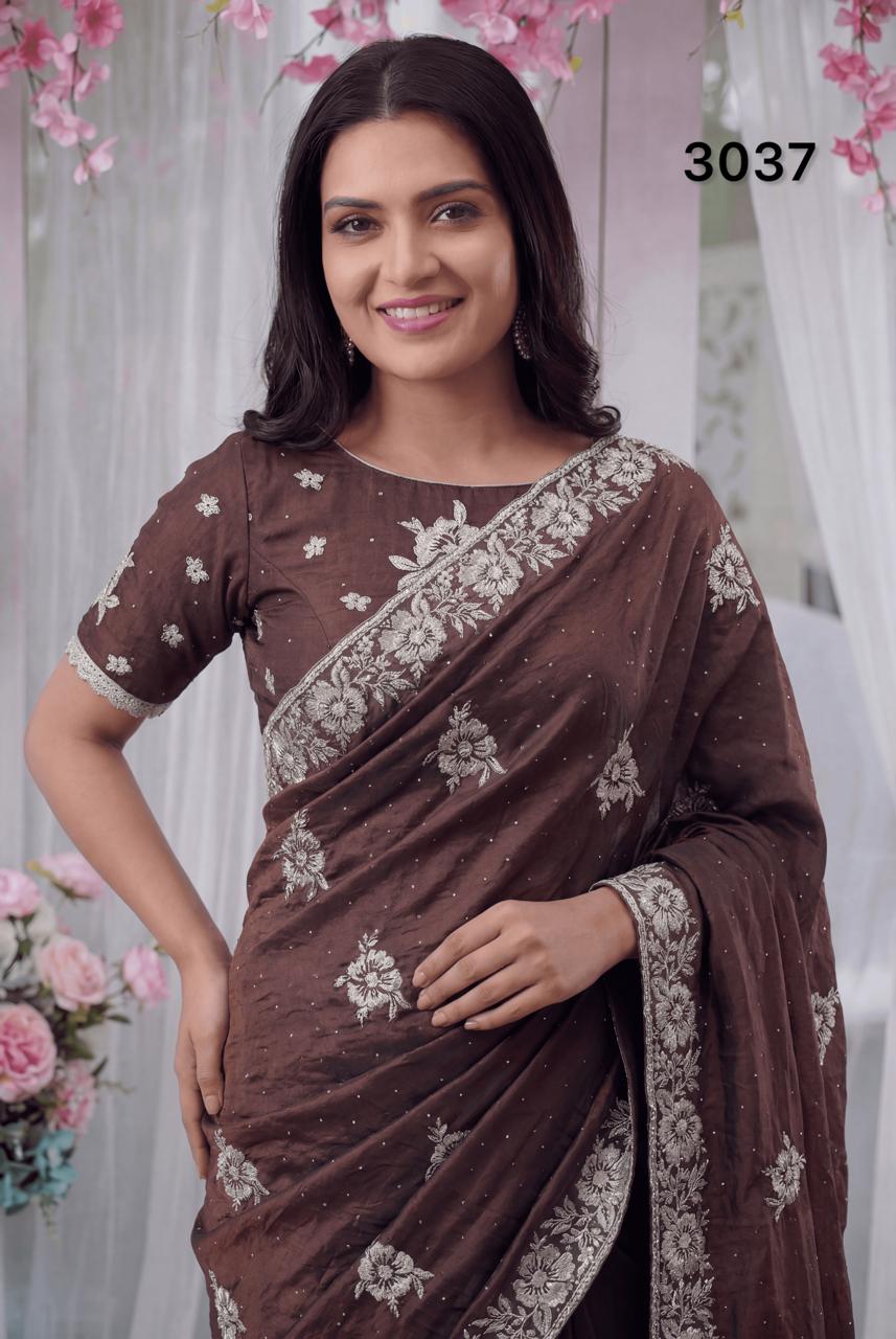 Chocolate Brown Fandy Silk Saree with Zari Embroidery & Stone Work