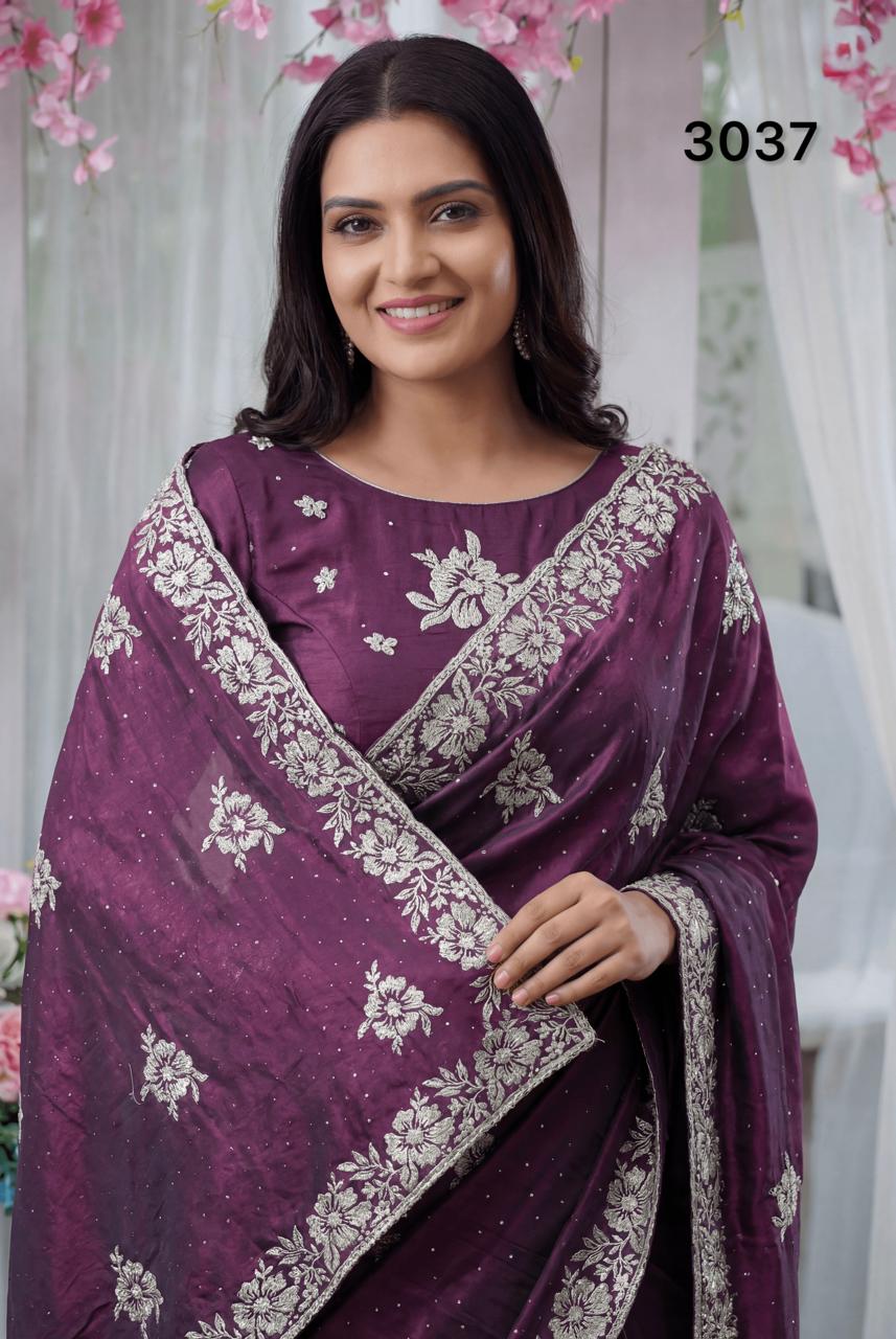 Elegant Wine Purple Fandy Silk Saree with Zari Embroidery & Stone Work