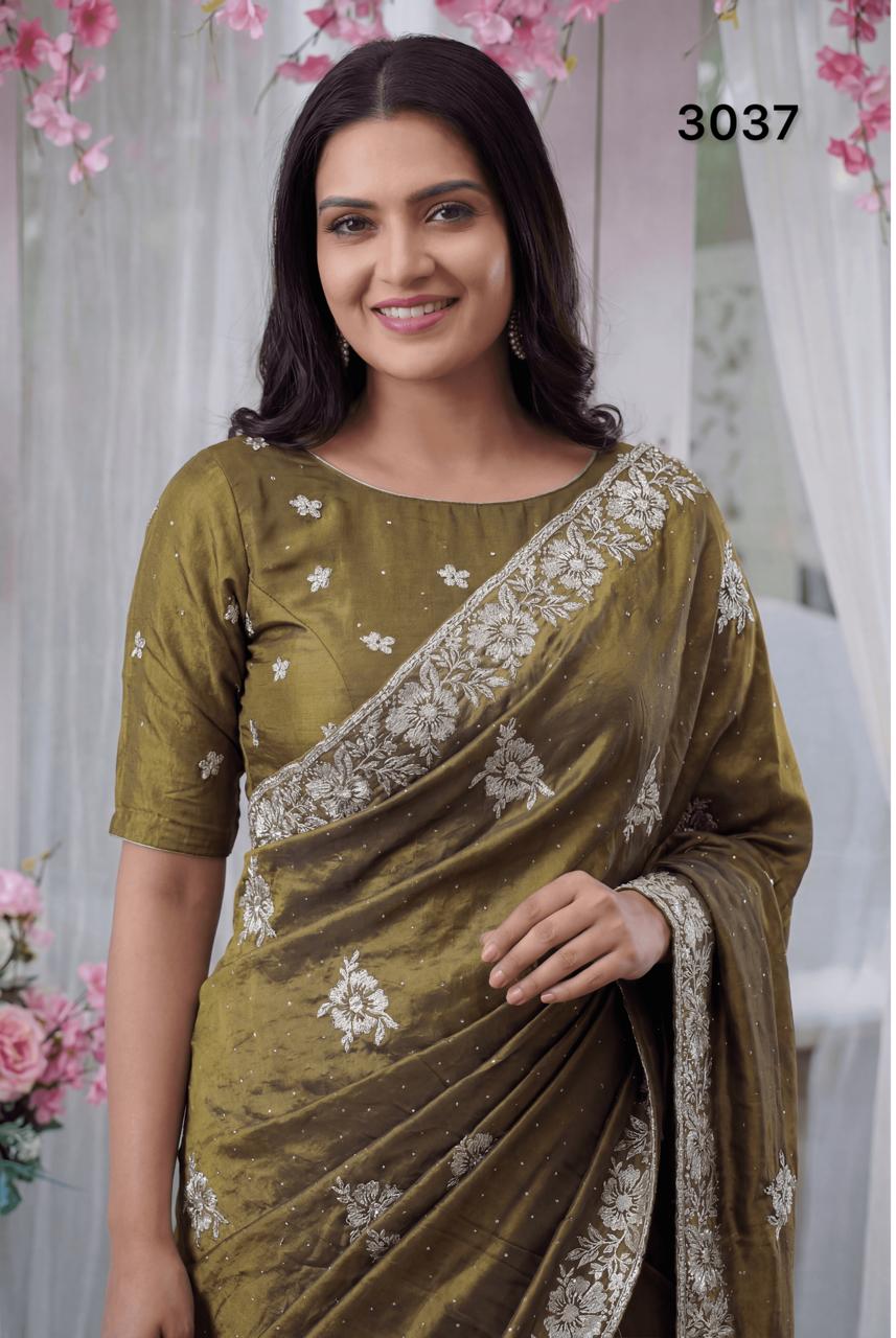 Elegant Olive Green Fandy Silk Saree with Zari Embroidery & Stone Work