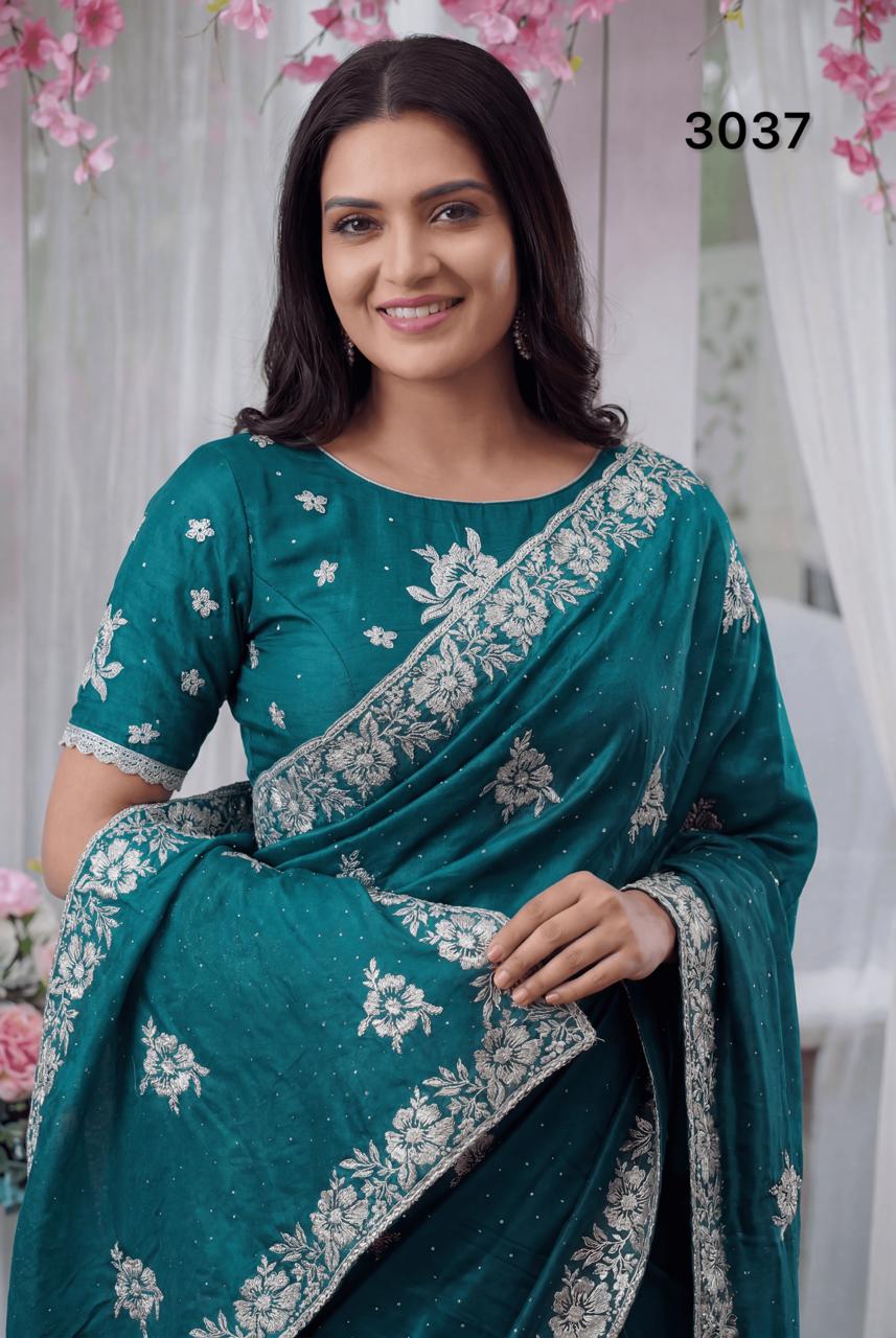 Elegant Teal Fandy Silk Saree with Zari Embroidery & Stone Work