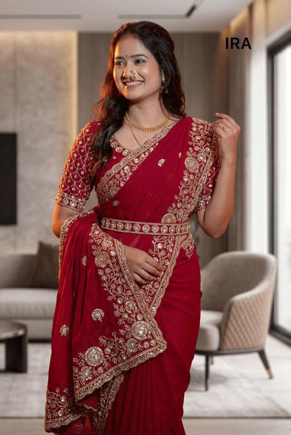 Royal Maroon Designer Saree with Beads & Sequins Work