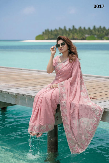 Pastel Pink Chiffon Embroidered Saree – Elegant Designer Saree for Women