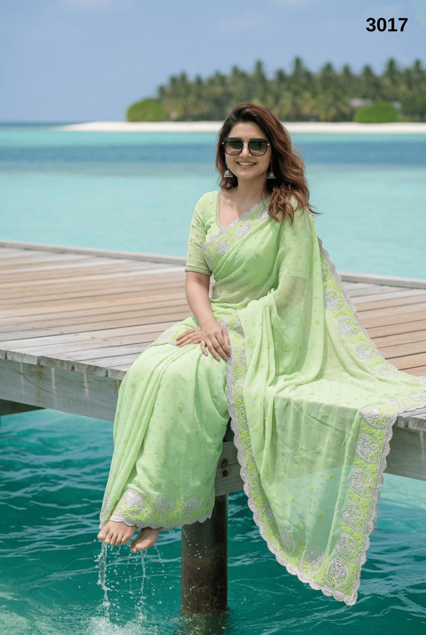Pastel Pistachio Green Embroidered Saree – Designer Festive Saree for Women