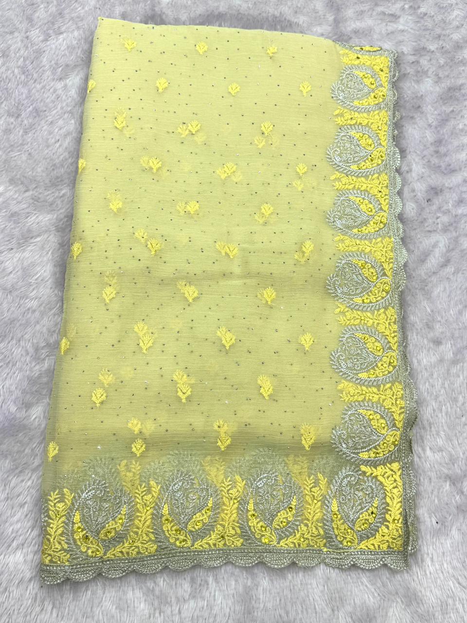 Pastel Lime Green Embroidered Saree – Elegant Designer Saree for Women