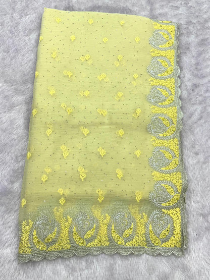 Pastel Lime Green Embroidered Saree – Elegant Designer Saree for Women