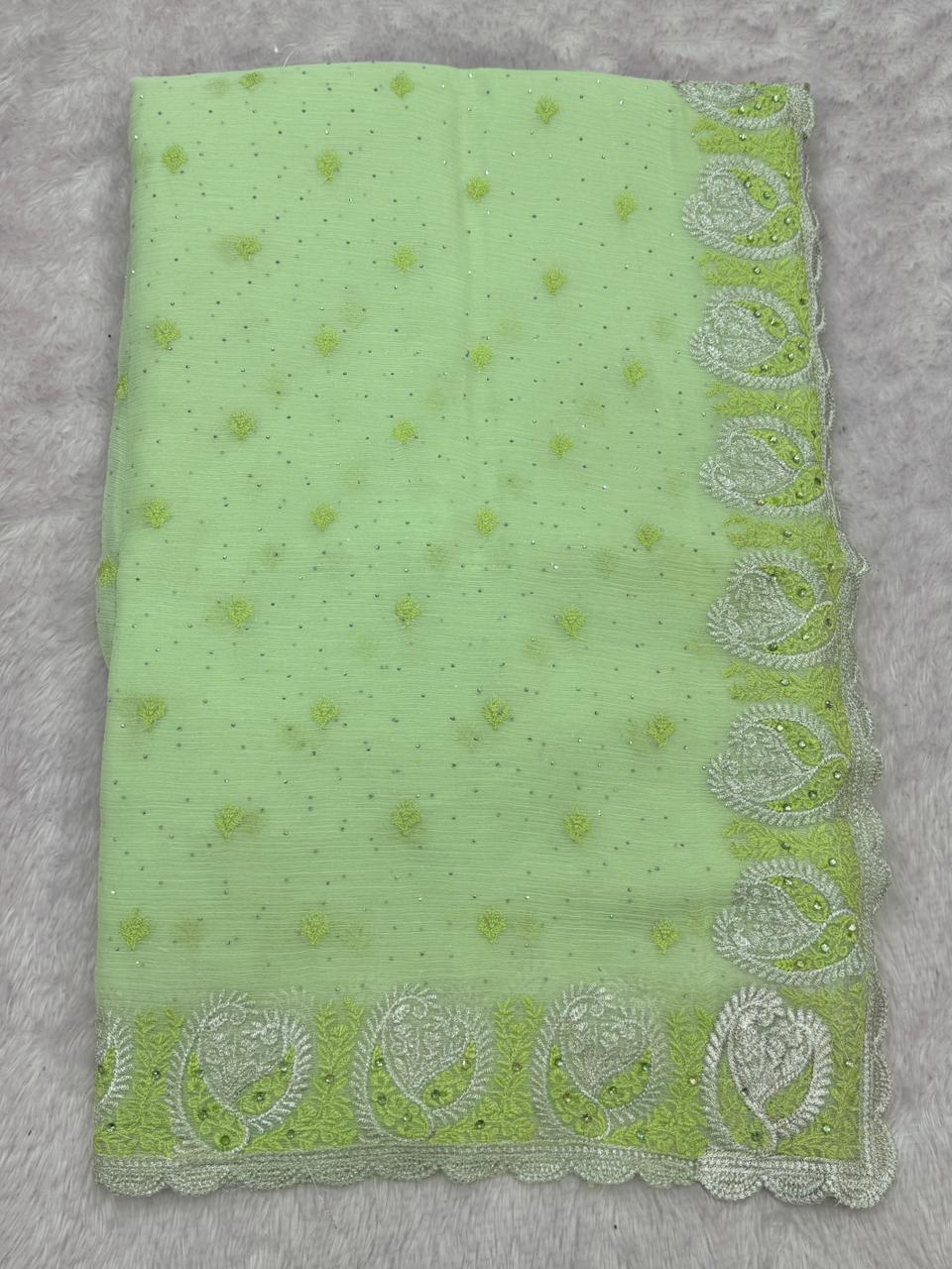 Pastel Pistachio Green Embroidered Saree – Designer Festive Saree for Women