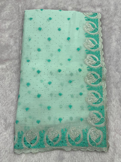 Pastel Mint Green Embroidered Saree – Designer Festive Saree for Women