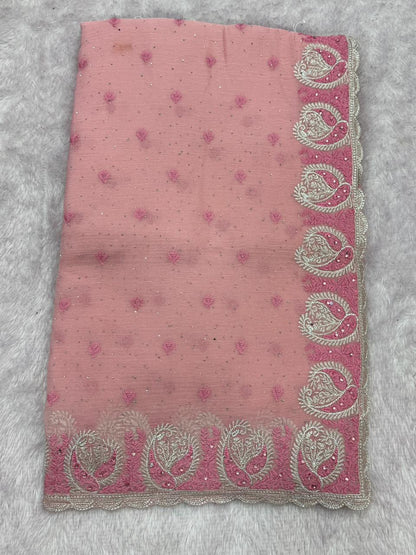 Pastel Pink Chiffon Embroidered Saree – Elegant Designer Saree for Women