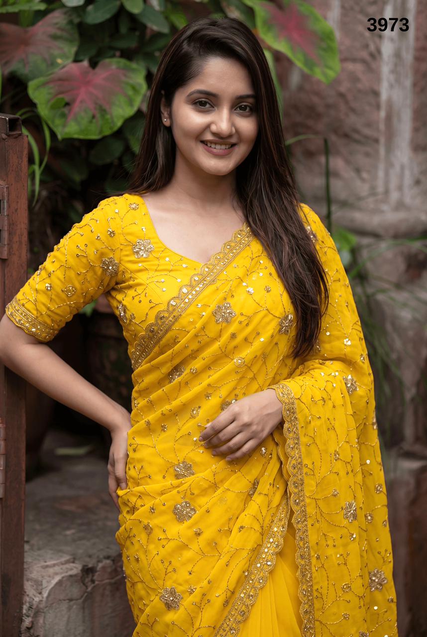Mustard Yellow Thread & Sequin Embroidered Saree – Designer Party Wear Saree