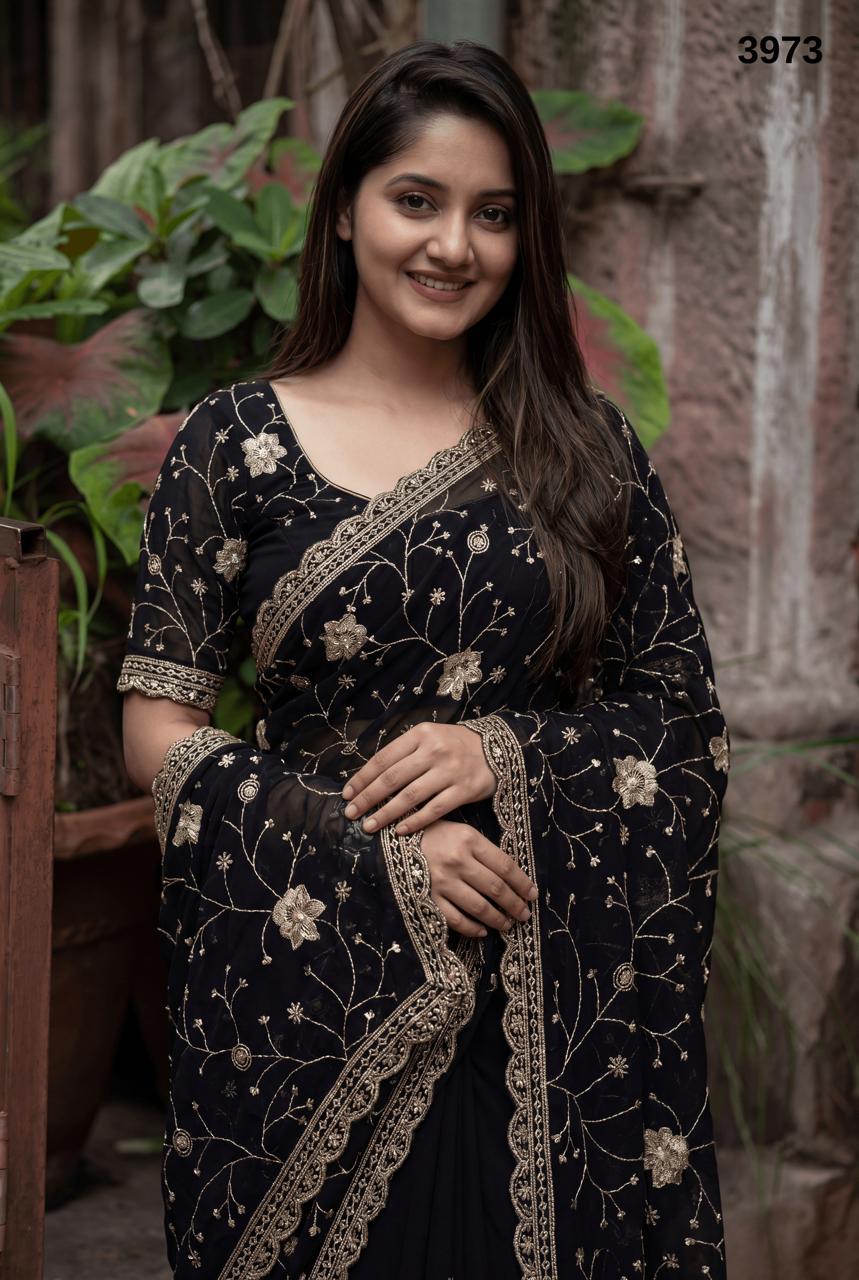Black Thread & Sequin Embroidered Saree – Designer Party Wear Saree