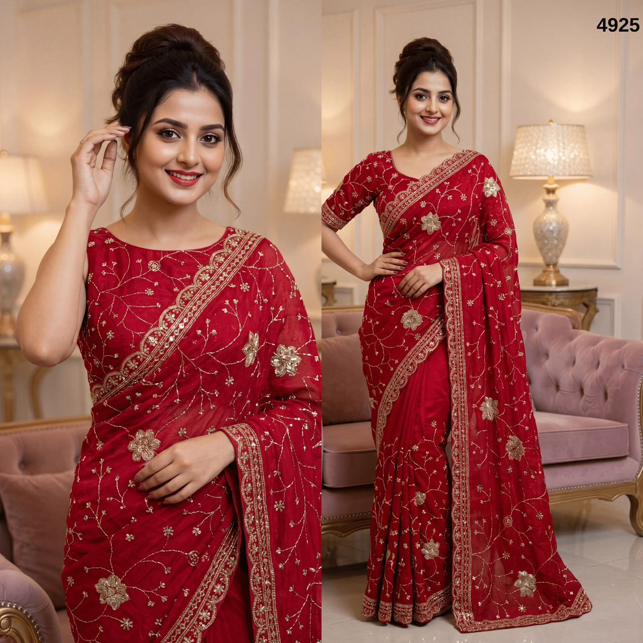 Make a statement with this elegant Red Fancy Silk Saree, featuring intricate golden zari, sequin and piping work