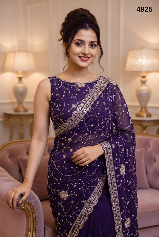 Royal Purple Fandy Silk Saree with Zari & Sequin Piping Work – Designer Party & Festive Wear Saree