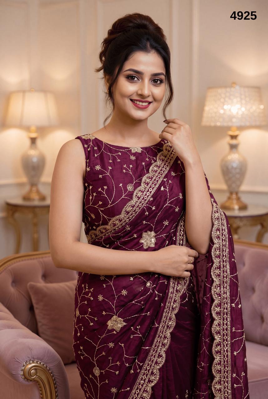 Premium Wine Maroon Fancy Silk Saree featuring elegant Golden Zari, Sequin & Piping Work