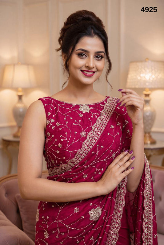 Premium Rani Pink Fancy Silk Saree adorned with elegant Golden Zari, Sequin & Piping Work