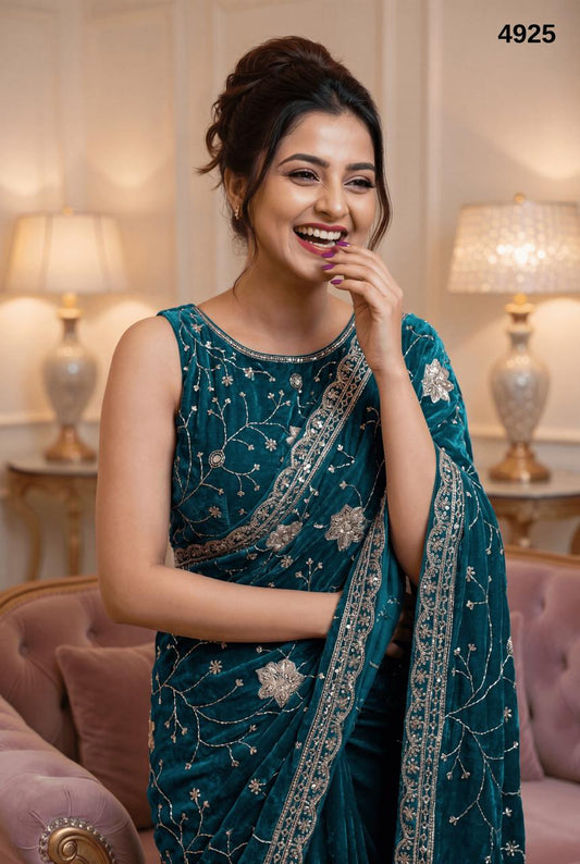 Premium Teal Blue Fancy Silk Saree featuring elegant Golden Zari, Sequin & Piping Work.