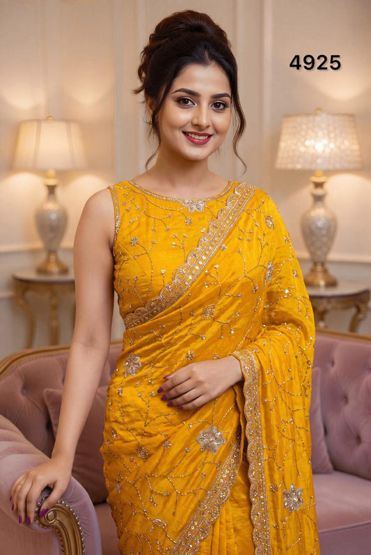 Premium Mustard Yellow Fancy Silk Saree featuring elegant Golden Zari, Sequin & Piping Work