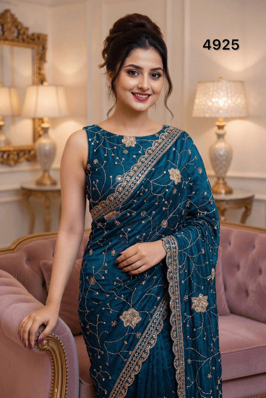 Premium Peacock Blue Fancy Silk Saree featuring exquisite Golden Zari, Sequin & Piping Work