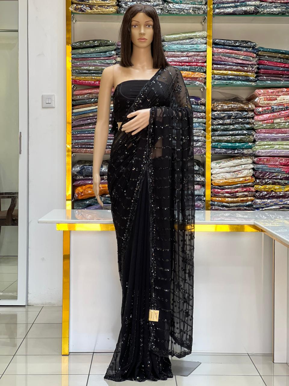 Black Georgette Beads & Sequin Work Saree | Designer Party Wear Saree