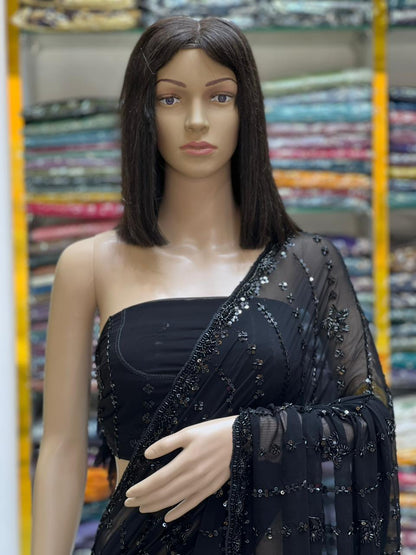 Black Georgette Beads & Sequin Work Saree | Designer Party Wear Saree