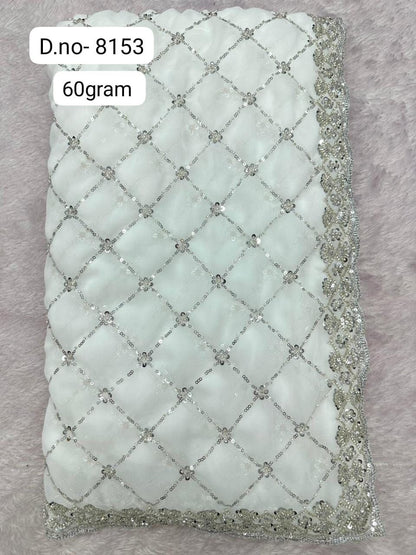 White Designer Saree with Real Beads & Sequin Work | Elegant Party Wear Saree