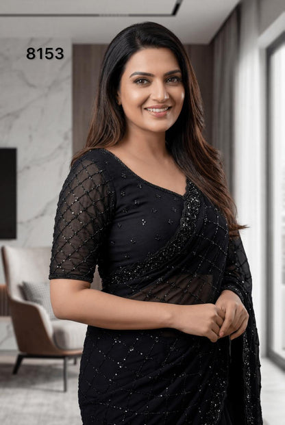 Black Georgette Saree with Real Beads & Sequin Work | Designer Party Wear Saree