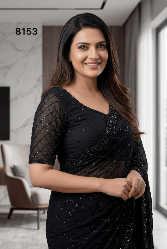 Black Georgette Saree with Real Beads & Sequin Work | Designer Party Wear Saree