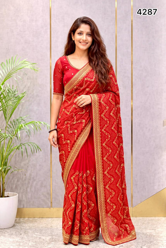 Red Designer Saree with Golden Zari, Mirror & Stone Work – Elegant Festive & Party Wear Saree