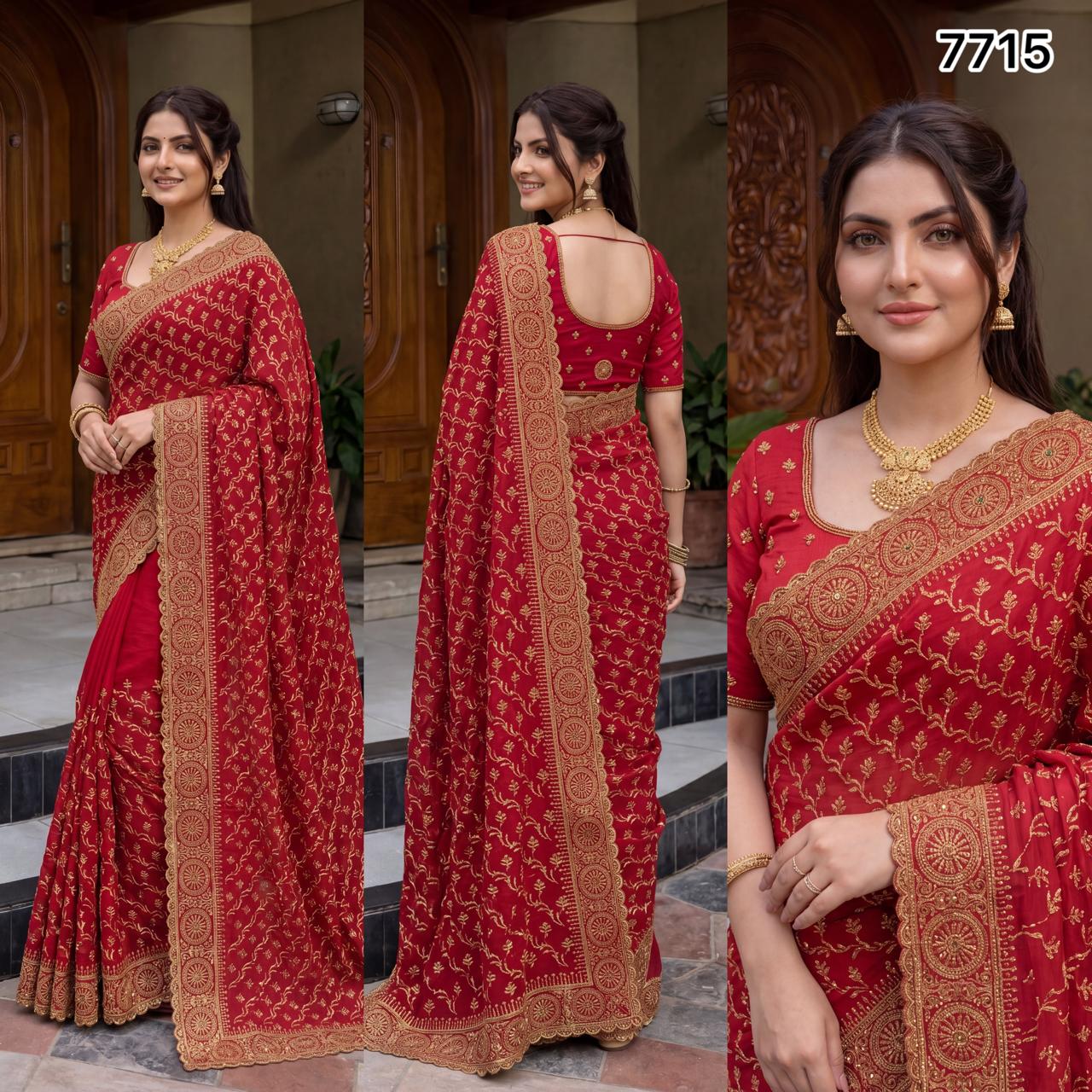 Red Gold Embroidered Designer Saree with Heavy Border | Wedding & Festive Wear