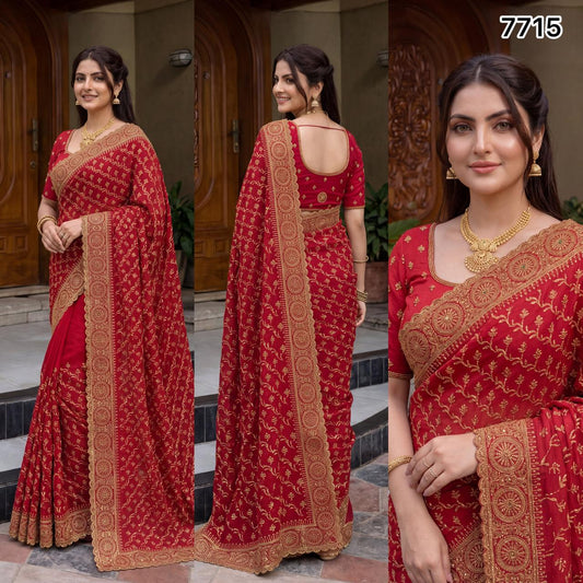 Red Gold Embroidered Designer Saree with Heavy Border | Wedding & Festive Wear