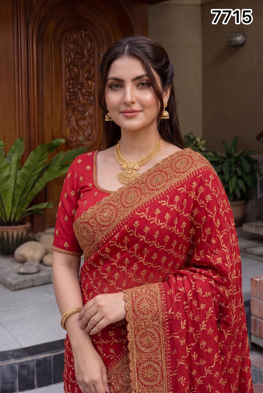 Red Gold Embroidered Designer Saree with Heavy Border | Wedding & Festive Wear