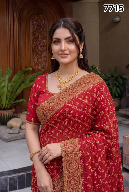 Red Gold Embroidered Designer Saree with Heavy Border | Wedding & Festive Wear