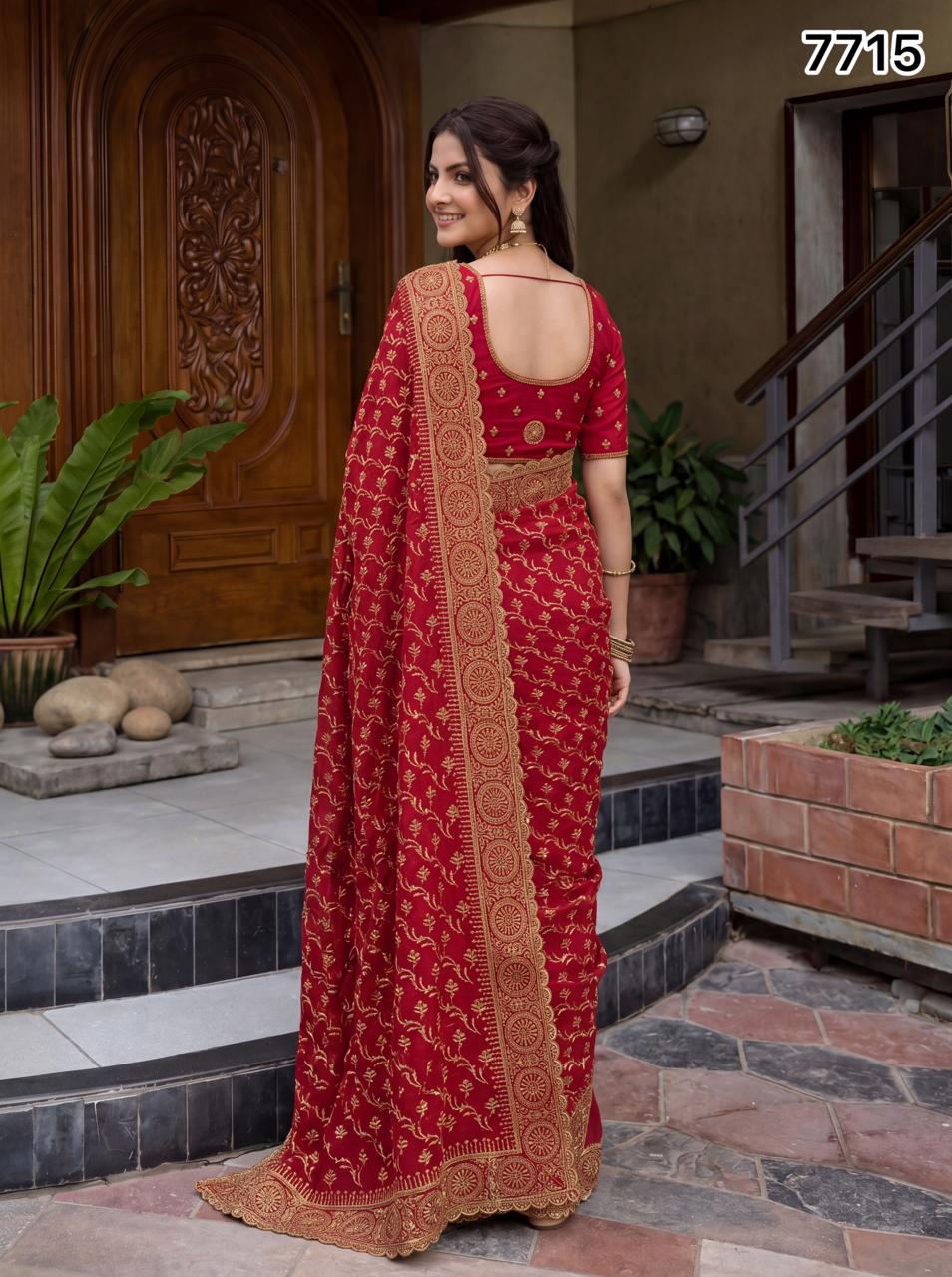 Red Gold Embroidered Designer Saree with Heavy Border | Wedding & Festive Wear
